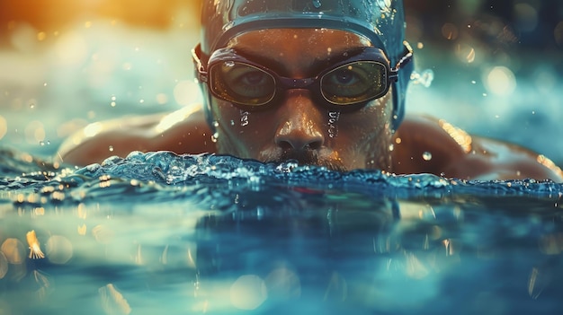 Соревновательный пловчик на рассвете Спортсмен, плавающий в бассейне