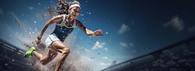 Photo competitive young woman tennis player in motion during game running on stadium tennis court champion winner banner