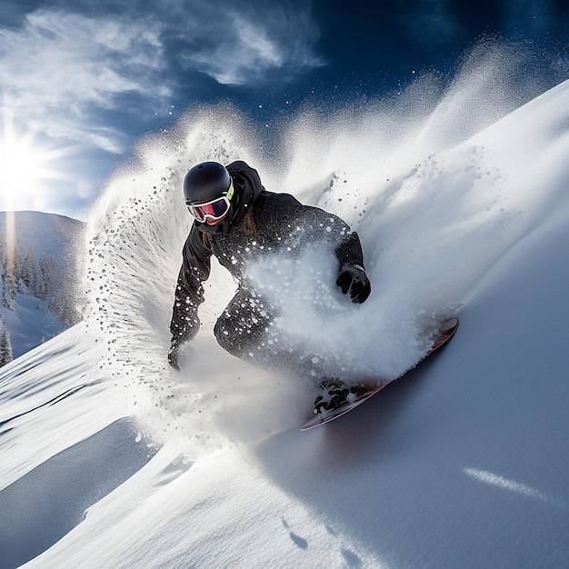 Foto un concorrente in uno sport di neve su un grande pendio di montagna
