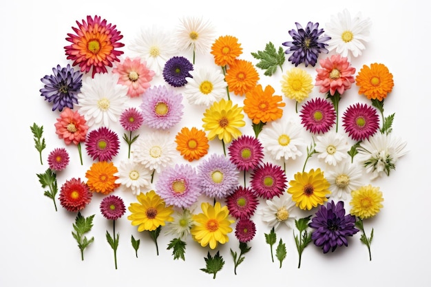 Photo a compilation of topview isolated garden flowers paired with leaves and soft pastels on white