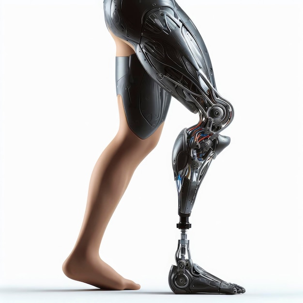 Foto protesi completa della gamba su sfondo bianco ai generativo