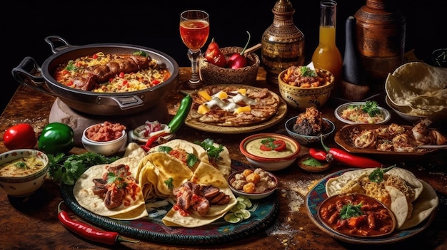 Complete Mexicaanse voedselcompositie op een houten tafel