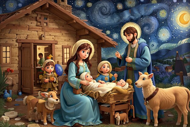 Photo complete pastoral nativity scene image of the holy family of the birth of jesus in the style children