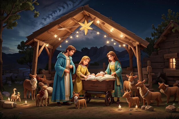 Complete Pastoral nativity scene image of the Holy Family of the birth of Jesus in the style children