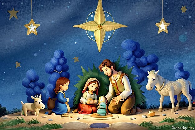 Photo complete pastoral nativity scene image of the holy family of the birth of van gogh painting starry night