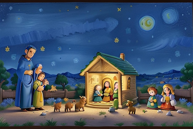 Complete pastorale kerststal beeld van de Heilige Familie van de geboorte van Van Gogh schilderen sterrennacht