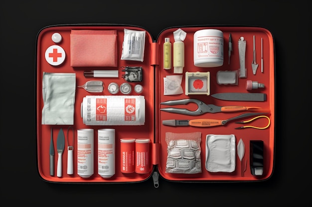 Complete set First aid kit with thermometer scissors patch dressing foil and drugs