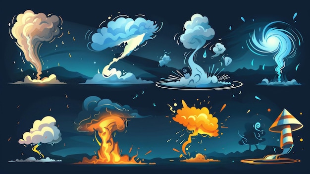 The complete tornado cartoon collection will include various whirlwinds and hurricane twisters on a dark background Modern illustration set of storm funnel wind with whirl cloud dust and water The