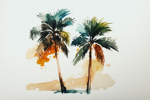 Completed watercolor painting of two palm trees over a white backdrop