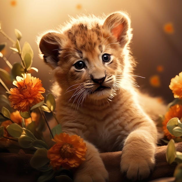 Completely cute beautiful lion cub is being played