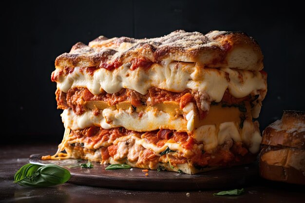 Foto lasagne completamente impilate ogni strato con la sua combinazione unica di ingredienti