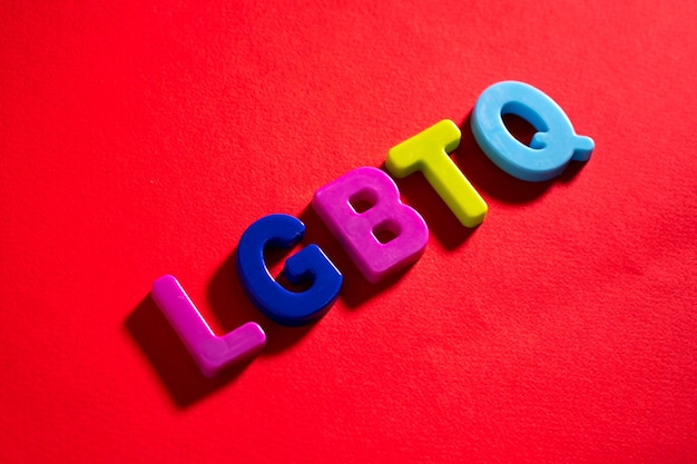 Completing lgbtq words. lgbtq words made from colourful plastic baby development blocks. red background