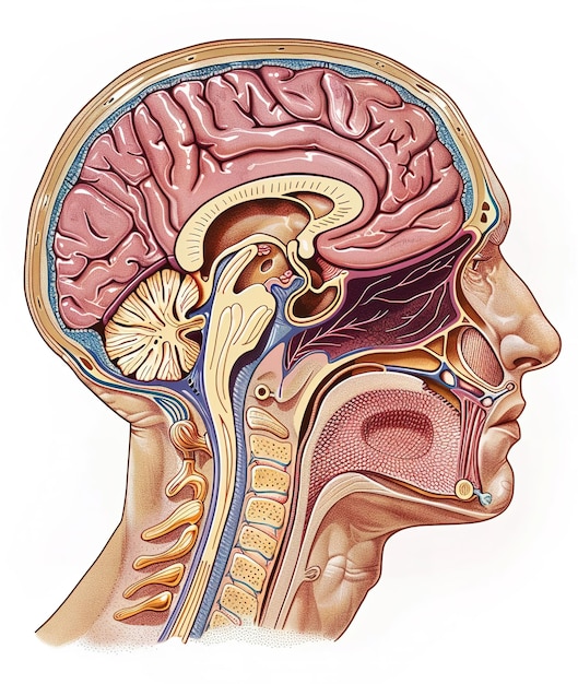 Фото Сложная анатомическая иллюстрация человеческой головы, показывающая структуру мозга, нервную систему и анатомию лица в ярких цветах
