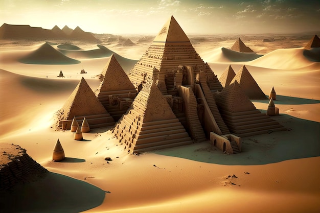 모래 사이에 이집트 피라미드로 만들어진 고대 건축 구조물의 복합체