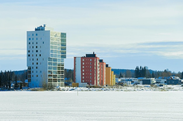 Complex of apartment residential buildings in winter Helsinki.