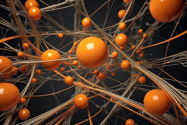 Photo a complex arrangement of lines and orange spheres stock illustration