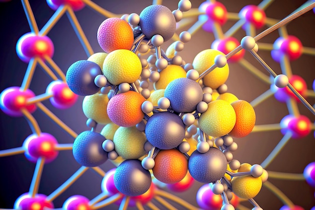 Foto complessa struttura caotica del primo piano della molecola costituito da atomi multicolori