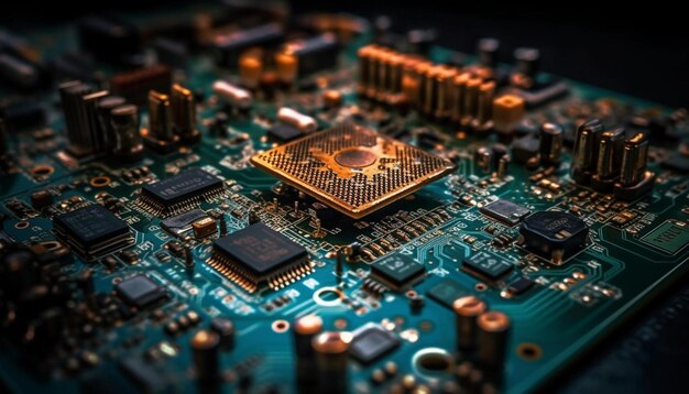 Photo complex computer circuit board with selective focus on semiconductor chip generated by ai