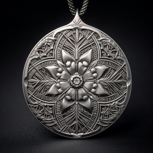 A complex greyscale pewter sacred geometry pendant angular texture front view