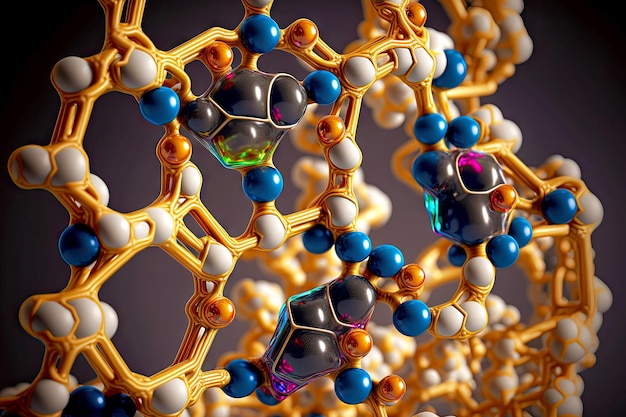 Photo complex long chains in structure of molecule closeup models