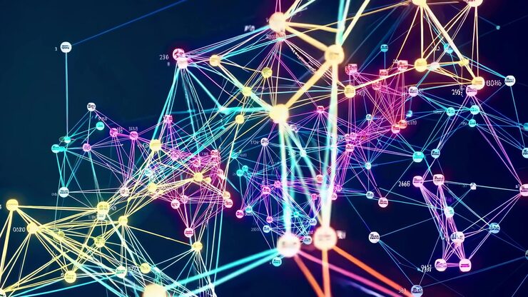 Photo complex network mesh connecting glowing nodes while transferring and processing data across digital cyberspace visualizing big data ai machine learning and blockchain technology