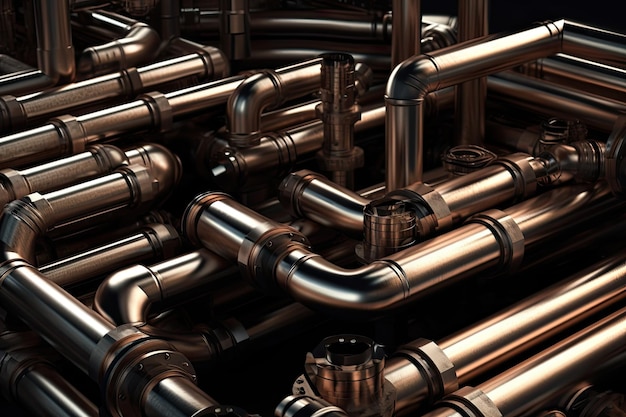 Complex network of metal pipes and fittings