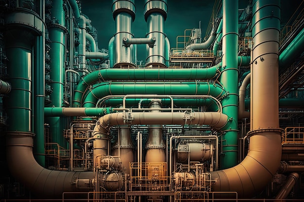 Complex of pipes and pipelines in large factory at petrochemical plant or refinery created with gene