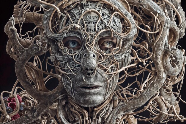 Photo a complex sculpture of a face surrounded by various wires and gears