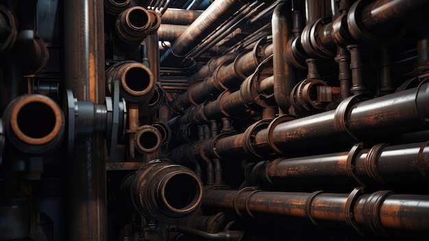 A complex set of metal pipes and tubes of various shapes and sizes the pipes are mixed up The image can serve as a complex mechanical or industrial backdrop for a variety of purposes