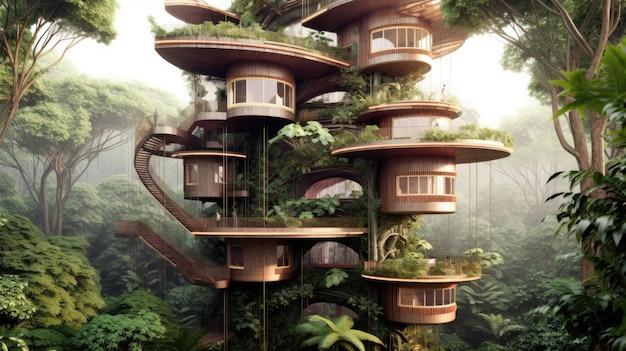 The complex tree house with multiple floors in tropical jungle Generative AI image AIG30