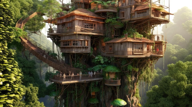 Сложный многоэтажный дом на дереве в тропических джунглях Генеративное изображение AI AIG30