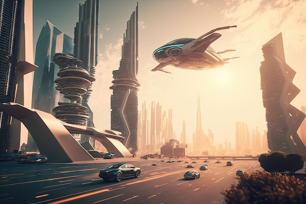 Complex urban landscape of future city with flying vehicles in futuristic virtual world