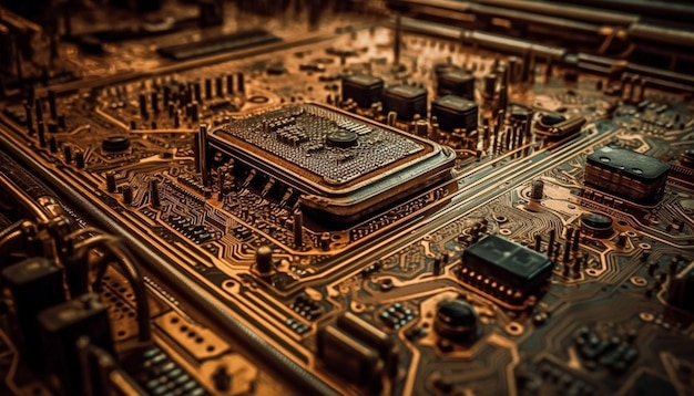 Foto complessità del circuito del chip del computer primo piano generato dall'intelligenza artificiale