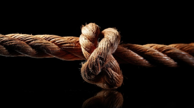 Complexity of a knot of ropes culminating in a big knot against the black in a closeup view