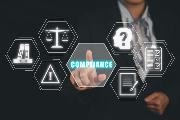 Compliance Rules Law Regulation Policy Business Technology concept Woman hand touching compliance icon on vr screen