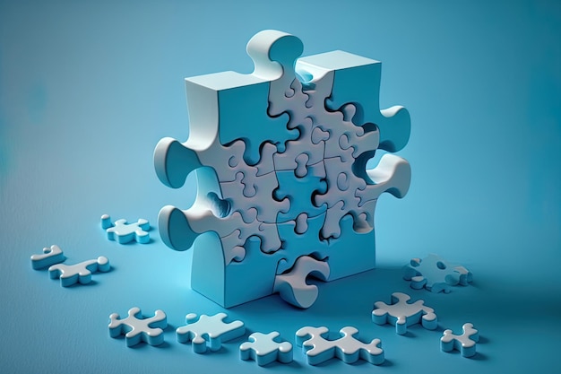 components of a jigsaw puzzle on a blue backdrop business notion of fixing a problem
