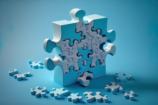 Components of a jigsaw puzzle on a blue backdrop business notion of fixing a problem