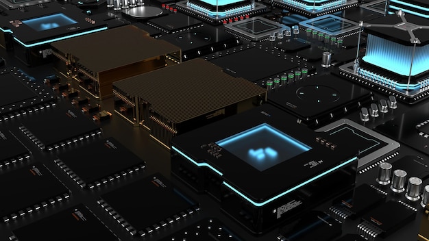 Foto componenti del concetto di tecnologia informatica di prossima generazione di parti di computer quantistici