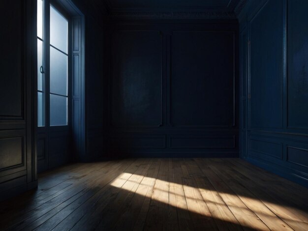 写真 暗い青い部屋のイメージを作成し窓を通って光の単独のビームを照らします