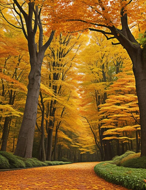 Compose a vivid autumnal landscape set within a sprawling forest Convey the enchantment of a wind