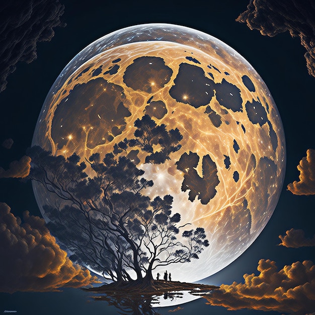 Compose a vivid and enchanting description of a breathtaking supermoon painting a celestial masterp
