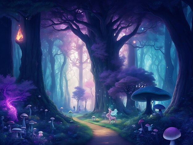 Photo compose a whimsical illustration of an enchanted forest with tall ancient trees ai generated