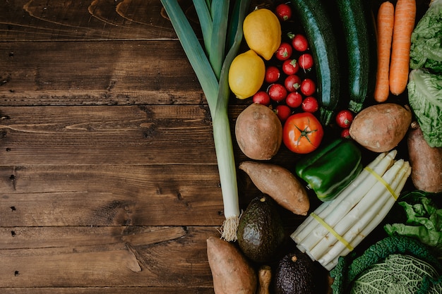 Composed raw vegetables in row