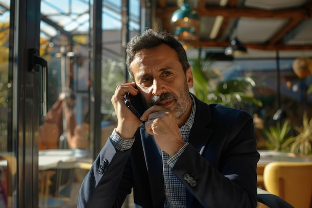 スペイン出身のビジネスマン40代前半日照らされた近代的なワークスペースで自信をもって電話でしゃべる - リーダーシップとコミュニケーションの効果を例示する