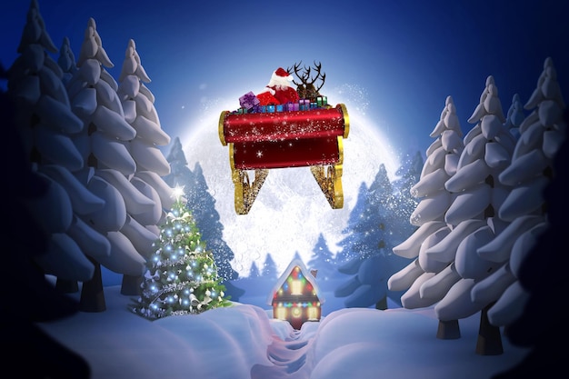 Composietbeeld van de kerstman die met zijn slee vliegt