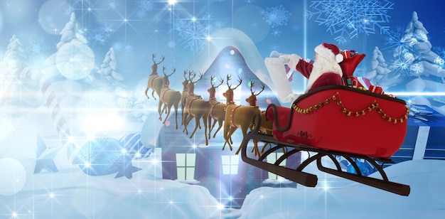 Composietbeeld van de kerstman die tijdens de kerst op een slee rijdt