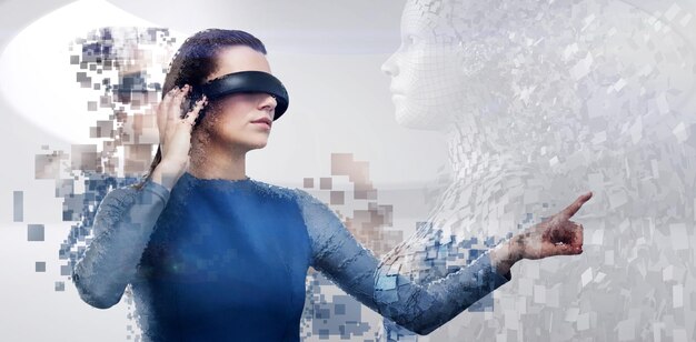Composietbeeld van digitale composiet van vrouw met een virtual reality-simulator