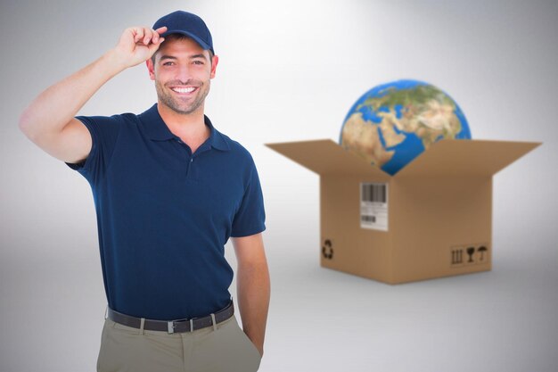 Composite 3d image of portrait of happy delivery man wearing cap