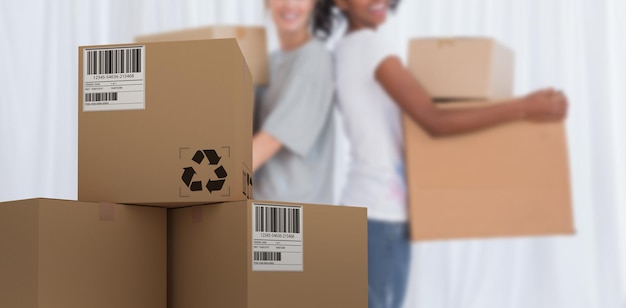 Composite 3d image of stack of cardboard courier boxes