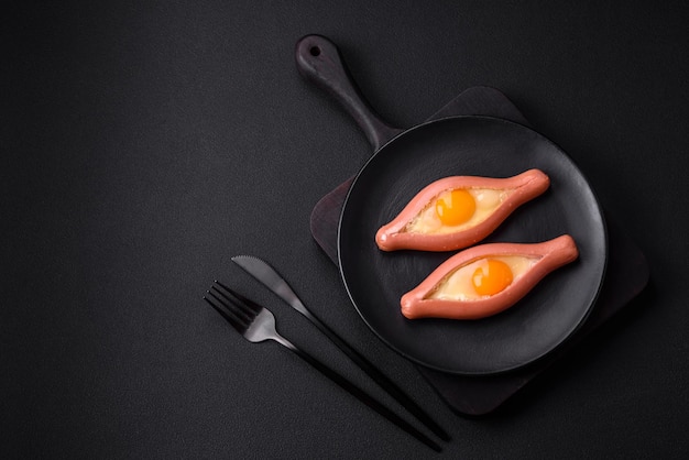 Composite concept of fried eggs inside a cut sausage with spices